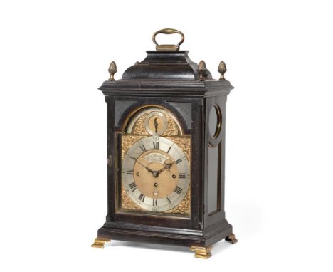 An 18th Century Ebony Veneered Chiming Table Clock, signed Benj Shuckforth, Diss, circa 1750, inverted bell top with a carryi