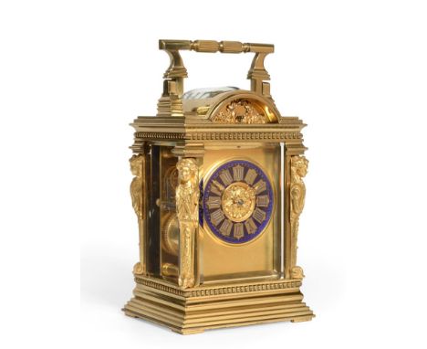 A Brass Striking and Repeating Carriage Clock, stamped for Brunelot, circa 1880, carrying handle and repeat button, scroll an