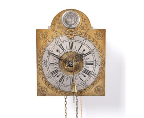 An 18th Century Austrian ''Kuhschwanz'' Alarm Wall Clock, circa 1760, 5-1/4-inch arched brass dial, central alarm disc, visib