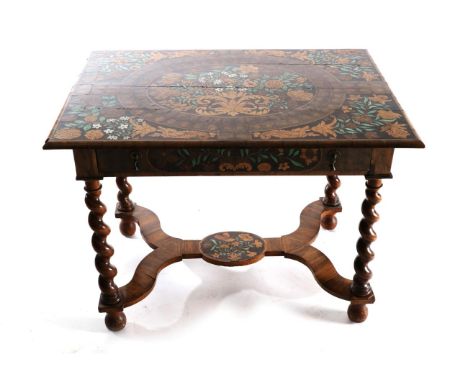 A William & Mary Style Walnut and Oyster Veneered Side Table, the rectangular top with marquetry inlay of acanthus leaves, fl