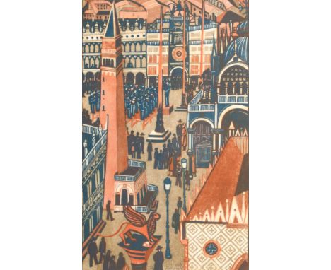 Lill Tschudi (1911-2004) Swiss ''La Banda'' at San Marco, Venice Signed in pencil, inscribed and numbered 3/50, linocut print