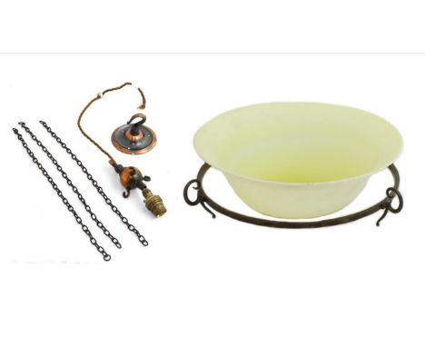 An Arts & Crafts Vaseline Glass Plafonnier Ceiling Light, with brass circlet, copper lacquered three hooked socket and ceilin