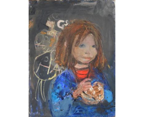 Joan Kathleen Eardley RSA (1921-1963) ''Girl with a poke of chips'' Signed verso, oil on canvas, with applied newspaper, 68cm