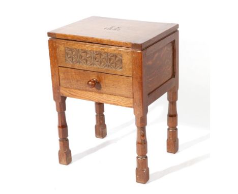 Mouseman: A Robert Thompson English Oak Sewing Work Box, with a rectangular hinged top, carved E.K 1951, opening to reveal a 