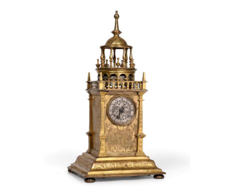 An Early Tabernacle Form Gilt Brass Striking Table Clock, case possibly German, mid-17th Century, later movement restored in 