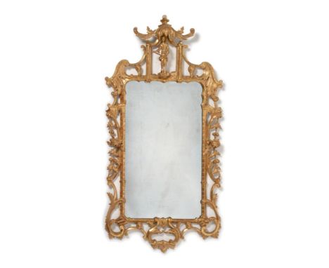A Chinese Chippendale Style Giltwood and Gesso Pier Glass, the rectangular plate within a scrolled acanthus frame surmounted 