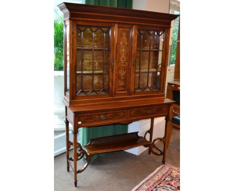 An Edwardian Mahogany Display Cabinet, early 20th century, with a dentil cornice above a central marquetry panel of acanthus 