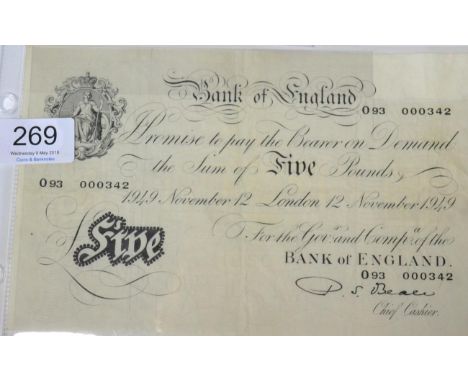 Bank of England White £5, Beale, London Nov 12 1949, prefix O; light vertical & horizontal creases & wrinkling o/wise a clean