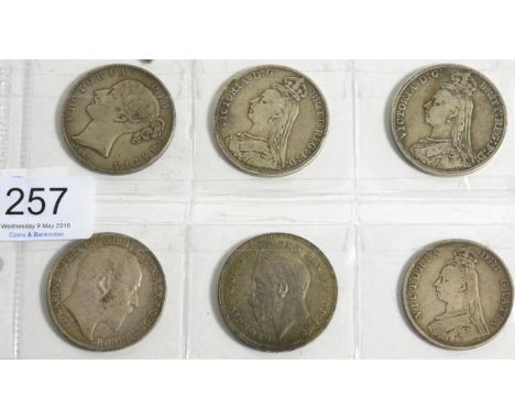 5 x Crowns comprising: Victoria 1847 XI cinquefoil stops, contact marks, small scratch in obv field o/wise GFine, 1890 Fine &