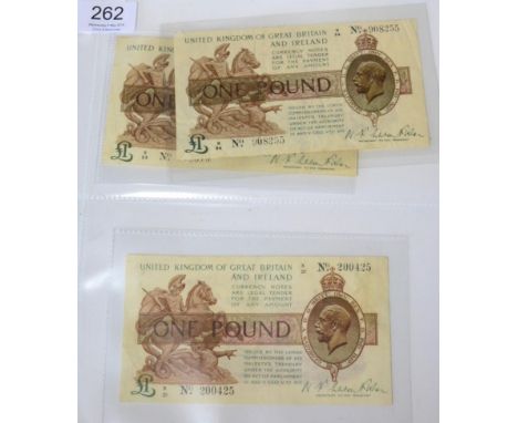 3 x Treasury £1 Notes, all Warren Fisher First Issue (Sept 1919) & comprising:  prefix R/53 vertical & corner creases, wrinkl