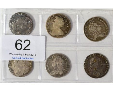 6 x Sixpences comprising: William III 1696y York Mint, first bust, large crowns & early harp, some surface pitting AFine, Ann