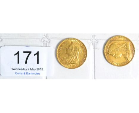 Victoria, 2 x Sovereigns: 1893 light contact marks AVF & 1893M both AVF/VF