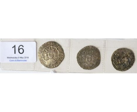 3 x Groats comprising: Edward III Pre-Treaty period, London Mint, MM cross 1, obv. EDWARD D G  REX ANGL (Z  FRANC)  HYB;  Lom