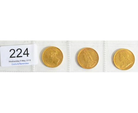 Victoria, 3 x Sovereigns comprising: 1878 light contact marks & minor rim imperfections AVF/VF, 1892S light hairlines, minor 