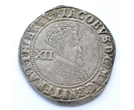 James I Shilling, second coinage, third bust, MM lis; obv a couple of light scratches in field below XII & rev. part of third