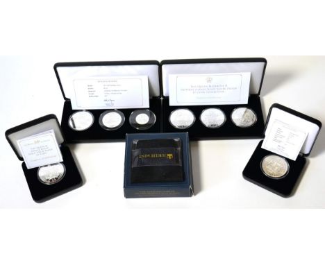 Tristan da Cunha, a Set of 3 x Silver Proof £5 2017 commemorating the Queen's Sapphire Jubilee, 3 x different revs: national 