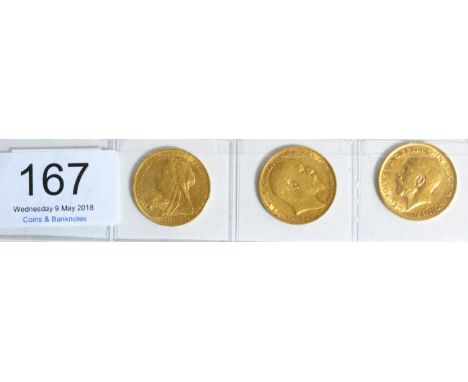 3 x Sovereigns: 1900, 1904P & 1911, all with light contact marks, AVF to VF