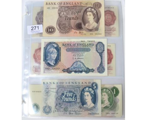 A Small Collection of Bank of England Notes comprising: £10 Fforde prefix A65, 2 x £5: O'Brien H45 & Fforde 26B; 4 x £1: Pepp