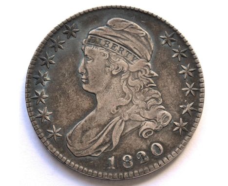 USA 50 Cents 1820, 'Capped Bust,' 20/19 in date with square base 2, lettered edge 'FIFTY CENTS OR  HALF  A DOLLAR' obv trivia