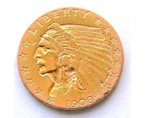 USA Gold 2½ Dollars 1908 'Indian Head,' 4.16g, .900 gold, light hairlines, minor contact marks EF/AEF
