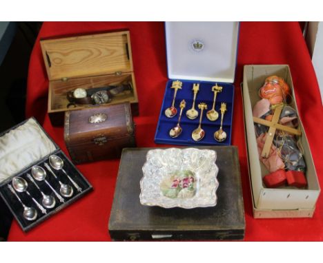 A 'Barnsbury Puppet' in original box in original box, two gents wrist watches, ring, decorative boxes, one musical, cased cut
