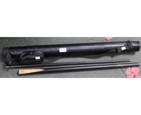 A "Power Glide" snooker cue, in carry case, together with a framed print