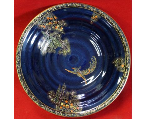 A "Crown Devon" ceramic comport, blue ground with enamelled and gilded exotic bird decoration, 25cm diameter&nbsp;