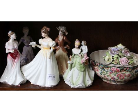 Six porcelain ladies, to include Royal Doulton examples, together with a Coalport rosebud ornament &amp; an Oriental inspired