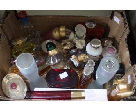 A box containing approximately 29 Factice perfume bottles (display only) Collection to include Cartier, Clarins, Yves St Laur