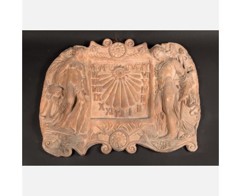 Biaggio Rossetti (1447-1516)-follower, Sundial in cartuche shape, with sculpted figural and ornamental decorations, in the ce