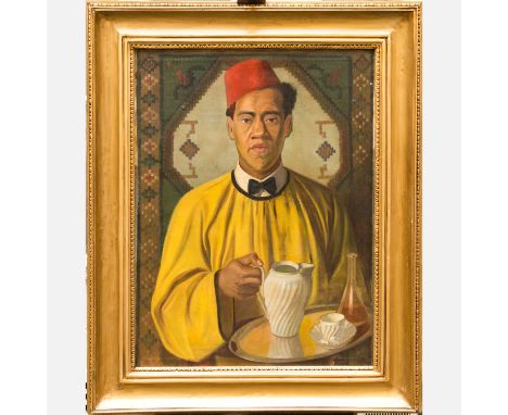 Jean-François Portaels (1818-1895)-attributed, Portrait of an oriental with coffee pot, in front of a curtain, oil on canvas,