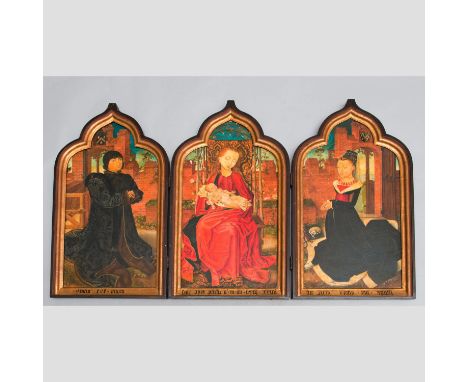 The Master of Delft (1490-1520)-follower, Triptych with Maria and child, a man and a women paying on the sides in landscape; 