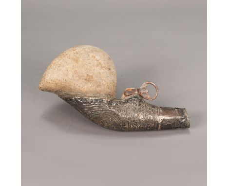 Oriental powder flask, with decorated natural materials, iron ring and chased silver finial; 19th Century. 24Cm length