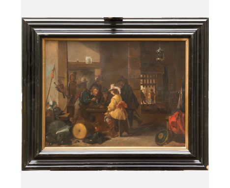 David Teniers the Elder (1610–1690)-attributed, Gambling soldiers, oil on wooden panel, framed; monogrammed bottom right. 52X