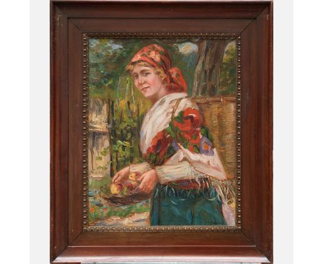 Bokšay Joseph (1891-1974)-attributed, Portrait of a lady with fruits in landscape; 65x52cm; oil on board; signed bottom right