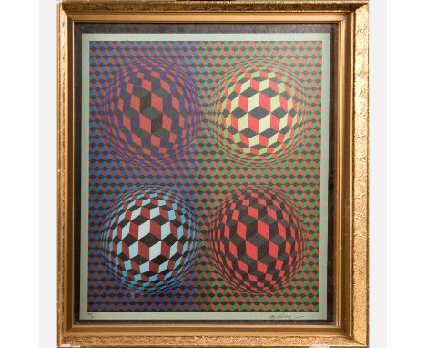 Victor Vasarely (1906-1997)- Graphic, Composition, art print on paper, hand signed, framed, under glass. 60x48 cm