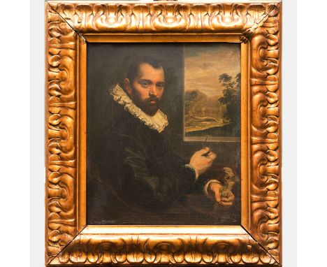 Jacopo Tintoretto ( 1518-1594)-follower, Portrait of a man in front of landscape, holding a pair of compasses; oil on board o