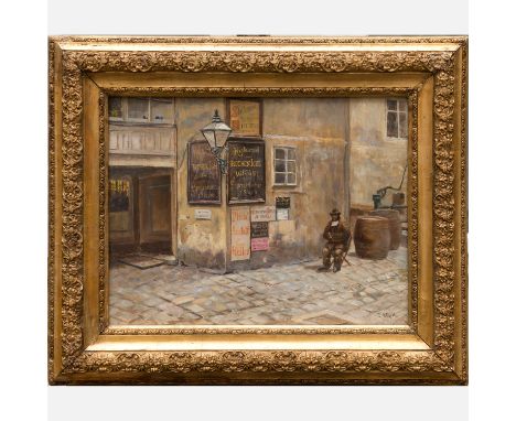 Josef Kinzel (1852-1925), Vienna street scene, oil on wooden panel, signed bottom right, framed. 38X50cm