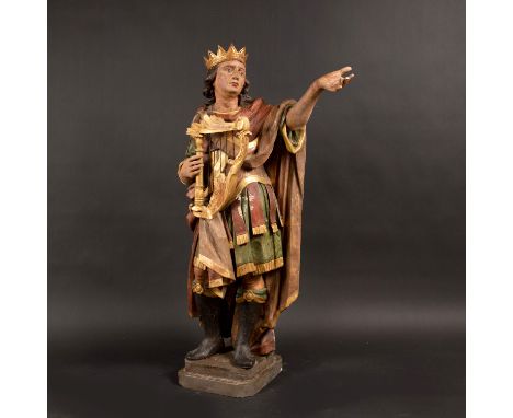Baroque sculpture of King David with the harp, crowned, in folded baroque dress; fine wood carving with original colours, par