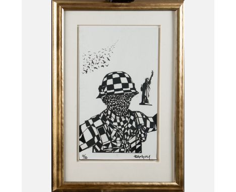 Banksy- Graphic, Soldier with Covid; art print on paper, numbered and signed in the print, on the reverse certificate, framed