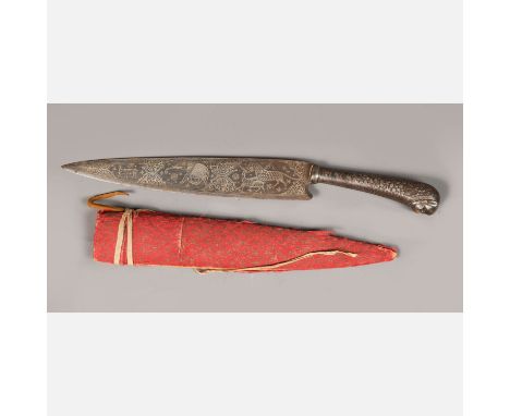 Persian dagger with edged steel blade, decorated with animals, steel hand grip with mouth finial, in textile covered shaft; 1
