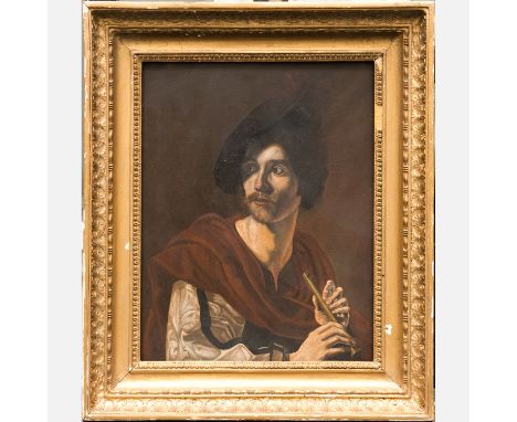 Simon Vouet (1590-1649)-school, Portrait of a flute player, oil on oak panel, frame not included; 43x34cm