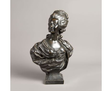 Augustin Pajou (1730-1809)-follower, Bust of an elegant lady, bronze cast with original patina; described in the cast and dat