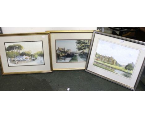 Patricia L Harris, "Broughton Castle" watercolour painting, signed, framed, together with one other watercolour and a print (