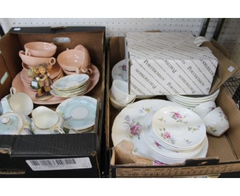 A Portmeirion "Botanic Garden" salad bowl in original box, a Goebel figurine, part Aynsley tea set and a part Wedgwood Debuta