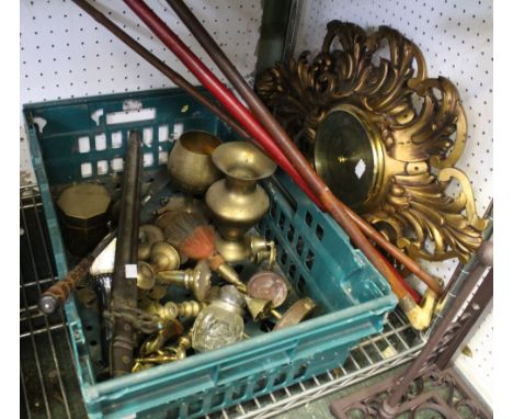A tray containing a selection of brass wares, military bayonet, walking sticks and a gilt barometer etc