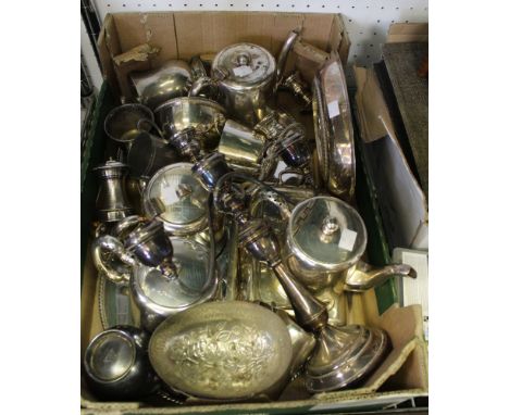A box containing a wide selection of silver plated items to include candelabra etc