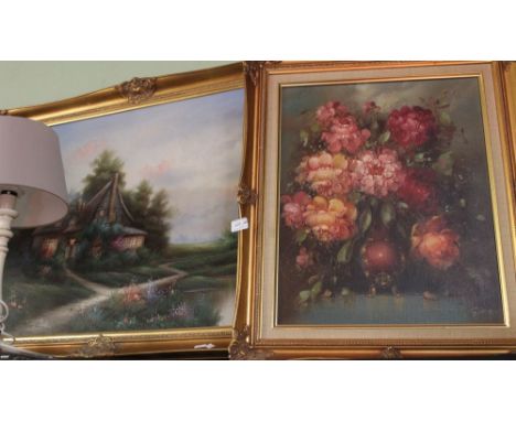 An original oil on canvas cottage scene, together with a textured print, still life of flowers&nbsp;