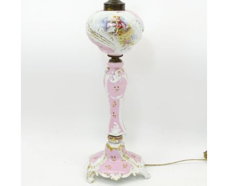 19/20th Century Sevres Porcelain Oil Lamp Now Electrified. Signed on bottom with double L, France mark. Typical wear. Measure
