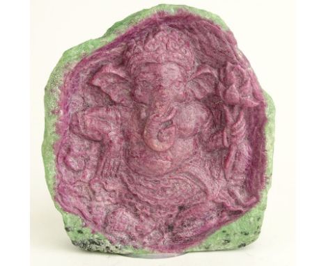 Carved Natural Ruby In Zoisite "Ganesha" Unsigned. Good condition. Measures 3-1/2" H. Weighs approx. 338.60 grams. Shipping $